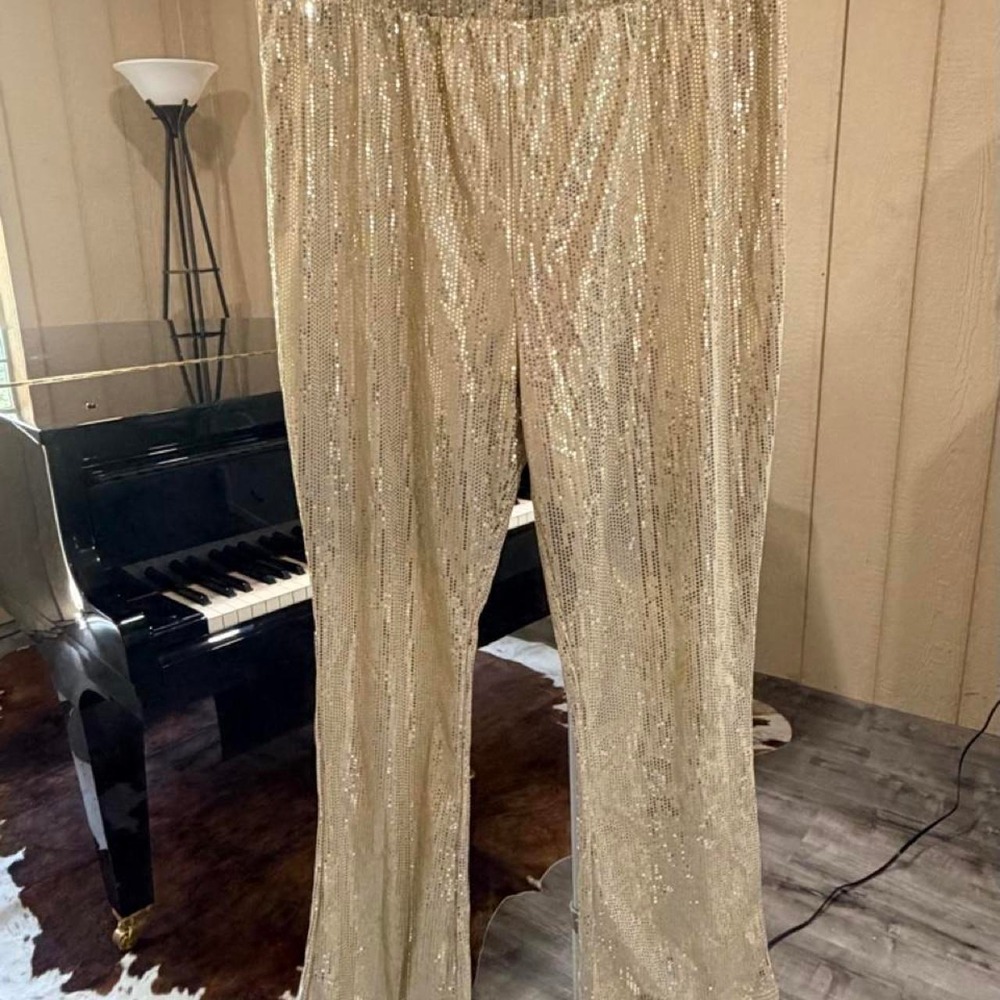 Serra Gold Sequin Flare Pants Womens Size Medium Elastic Waist Glam Party Cream
